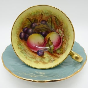 Vintage Aynsley English Bone China Teal Blue Orchard Fruit Teacup and Saucer Set signed &quot;D. Jones&quot; Delightful Tea Cup 1034