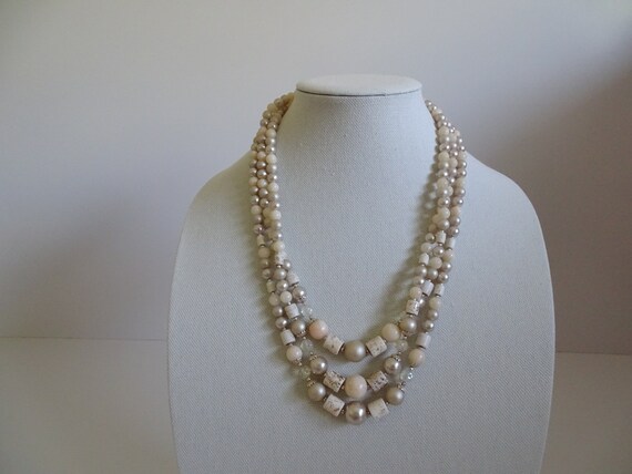 3 Strand Cream and Silver Beads with Gold Bead an… - image 3