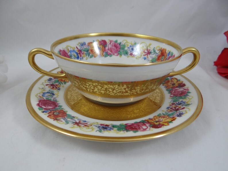 1890s Limoges France T/&V Tressemann and Vogt La Cloche Gold Encrusted Bouillon Cream Soup Bowl