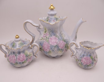 Vintage Hand Painted and Artist Signed Porcelain Pink Floral Tea Set with Teapot, Sugar and Creamer - Anyone for Tea - Made in USA