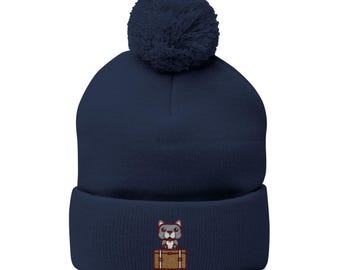 Frenchie Tan Suitcase Embroidered Pom Pom Beanie, French Bulldog gift, Dog Lover Travel Gift, Couples Trip Gift