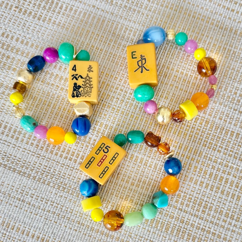 Pulsera de cuentas de mosaico de Mahjong vintage, regalo de Mahjong, cordón elástico de piedra mixta, imagen 17