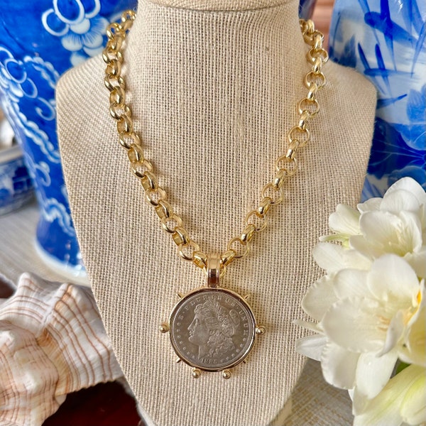 Lady liberty coin necklace,  gold plated rolo chain with a lobster clasp and removable lady liberty, silver dollar replication coin pendant