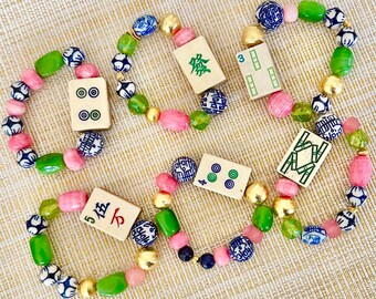 Mahjong Bracelet, vintage wood or bone/ bamboo mahjong tile beaded bracelet- green quartz beads, pink jade, brushed gold