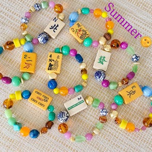 Pulsera de cuentas de mosaico de Mahjong vintage, regalo de Mahjong, cordón elástico de piedra mixta, imagen 14