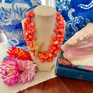 Chunky orange Coral necklace, starfish brooch accent, Statement necklace