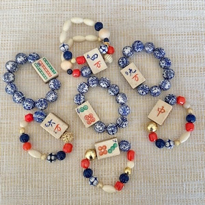 Mahjong Bracelet, bone and bamboo, vintage mahjong tile beaded bracelet, mahjong gift