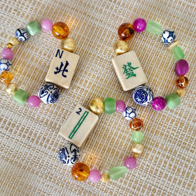 Pulsera de cuentas de mosaico de Mahjong vintage, regalo de Mahjong, cordón elástico de piedra mixta, imagen 16