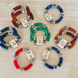 Mahjong Bracelet, bone and bamboo vintage mahjong tile beaded stretch bracelet- chinoiserie with bright  marbled acrylic accents.