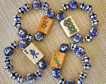 Mahjong Bracelet, carved bone and bamboo or bamboo mahjong tile beaded bracelet- blue & white beads, winds and dots