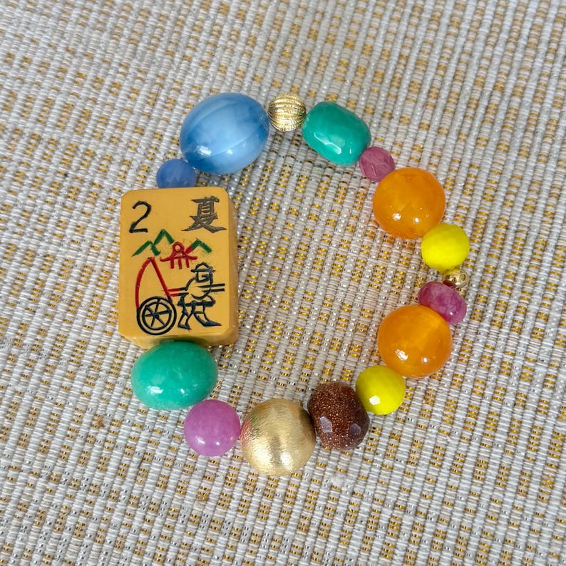 Pulsera de cuentas de mosaico de Mahjong vintage, regalo de Mahjong, cordón elástico de piedra mixta, 2 flower Bakelite