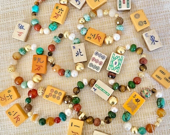 Mahjong Bracelet, Bakelite, bone and bamboo, vintage mahjong tile beaded bracelet, mahjong gift turtlesoupjewels