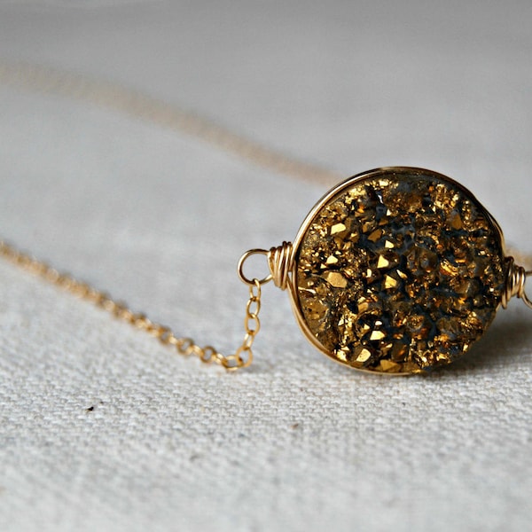 goldmine... gold druzy necklace / golden druzy round quartz & 14k gold filled necklace / drusy