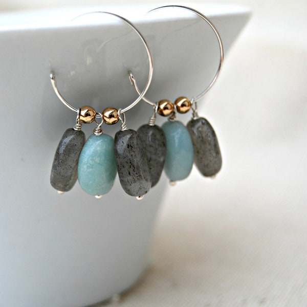 dreamcatcher... gray flash labradorite, sky blue amazonite & sterling silver hoop earrings / gifts under 40 / for her