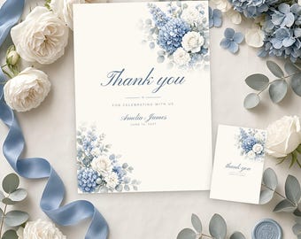 Vorlage für Dankeskarten zur Hochzeit, bearbeitbare Canva-Vorlage, Dankeskarten mit staubblauem Hortensienmotiv (5x7 Zoll), Fotokarte, Gastgeschenkanhänger
