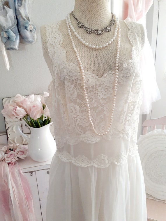 Lace And Chiffon Long Dress with Slit Ivory