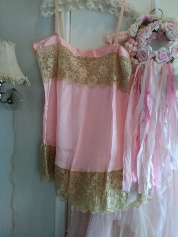 Antique 1920s Pink Silk and Lace Chemise Ribbon W… - image 3