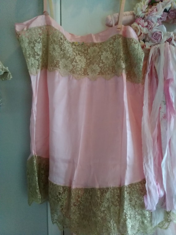 Antique 1920s Pink Silk and Lace Chemise Ribbon W… - image 1