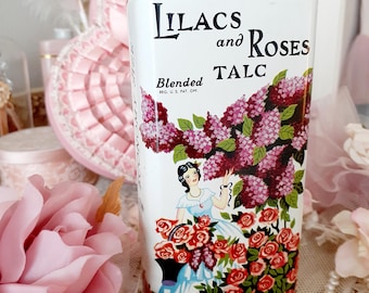 Vintage Lander Lilacs and Roses Talc Powder Tin Container, Vanity Decor Collectable