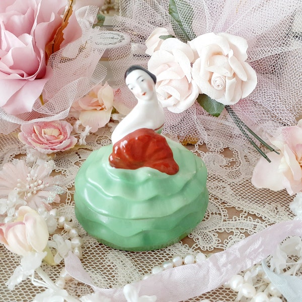 Beautiful Antique Art Deco Ceramic Flapper Powder Trinket Box Germany