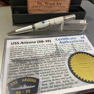 USS Arizona BB-39 Authentic ship Wood Pen with COA and presentation box satin silver and chrome hardware