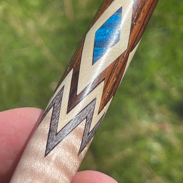 Pool cue custom made rollerball pen with curly flame maple and Cocobolo, blue Diamond inlays