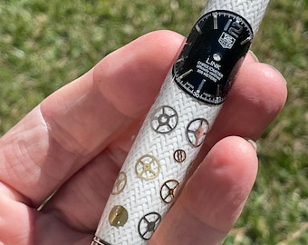 Authentic Tag Heuer Dial Watch Face Custom Made Steampunk Carbon Fiber ROLLERBALL Pen assorted gears cogs screw & bridges Presentation Box