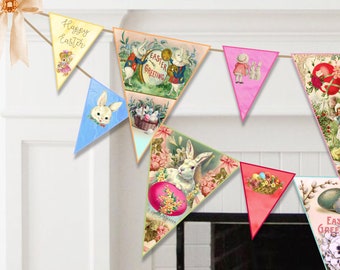 May include: A colorful Easter banner with various images of bunnies, eggs, and the words "Happy Easter" and "Easter Greetings".