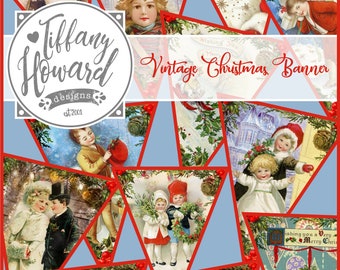 Christmas Banner Bunting  Printable | Holiday Banner | Holiday Bunting | DIY Digital PDF | Vintage Kids Red Green White Santa