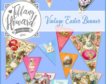 May include: Vintage Easter banner with 10 triangle flags featuring images of bunnies, eggs, flowers, and children. The flags are decorated with the text "Happy Easter", "Easter Greetings", and "Happy Eastor".