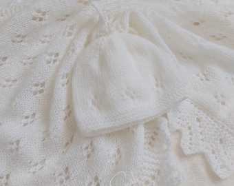 Knitted baby blanket, car seat,  first size, lace pattern, white