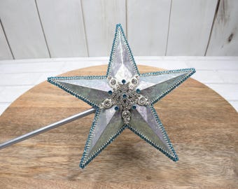19" Silver Star Wand with Blue Rhinestones