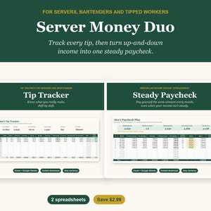 Paquete de presupuestos para camareros, seguimiento de propinas y hojas de cálculo para presupuestos de ingresos irregulares para Excel y Google Sheets.