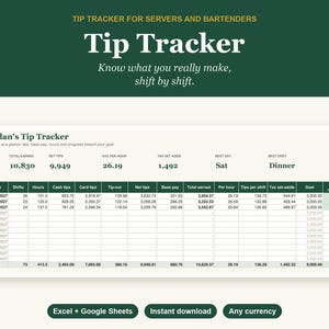 Hoja de cálculo para el seguimiento de propinas para camareros y bartenders, compatible con Excel y Google Sheets.