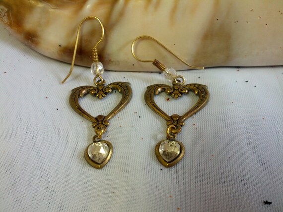 Beautiful vintage heart dangle pierced earrings with clear | Etsy