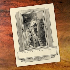 The Bookworm bookplate - Man on ladder in library