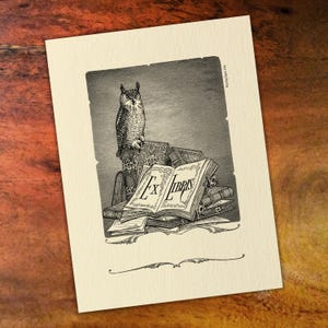 May include: Black and white illustration of an owl perched on a stack of books. The books are open and the text "Ex Libris" is visible on the top book.