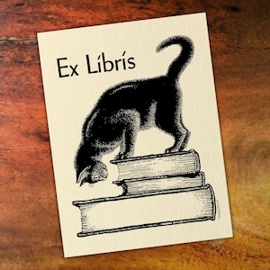 Cat Atop Stack of Books Antioch Bookplate