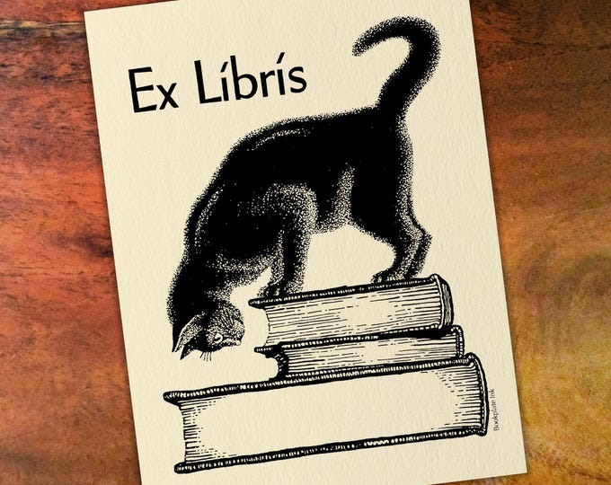 Cat Atop Stack of Books Antioch Bookplate