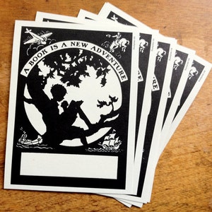 Boy Reading In Tree Bookplate - "A Book Is A New Adventure"