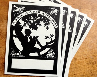 Boy Reading In Tree Bookplate - "A Book Is A New Adventure"