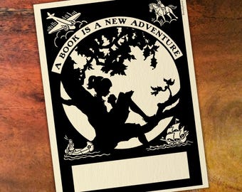 Girl Reading In Tree Bookplate - "A Book Is A New Adventure"
