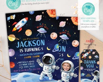 Space Birthday Invitation, Planet Rocket Astronaut Invite, Space Birthday Party, Outer Space Blast off, Editable Template, Corjl SS065