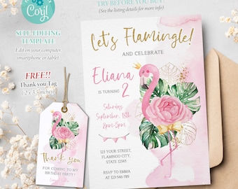 Flamingo Birthday Invitation, Let's Flamingle Party Invitation, Tropical Invite, Girls Party, Editable Template, Corjl