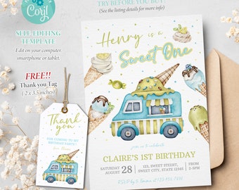 Ice Cream Birthday Invitation, Boy 1st Birthday, Ice Cream Invite, Sweet One, Blue Ice Cream Truck, Editable Template, Corjl