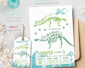 Dinosaurs Birthday Party Invitation, Roar, Kids Birthday Self-editable Template, Corjl