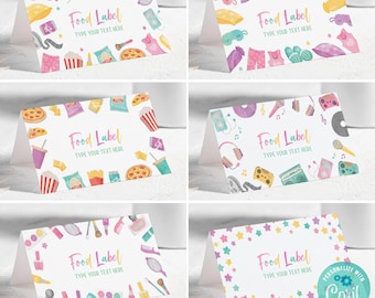 Sleepover Party Food Labels, Slumber Party Tent Card, Pajamas Party Food Cards, Girls Tween Sleepover, Table Place Card, Corjl SS067