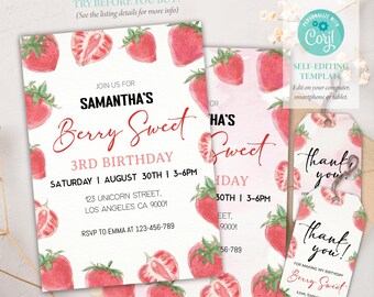 Berry Sweet Birthday Invitation, Strawberry Birthday Invitation, Girls Birthday Invite, Editable Template, Corjl SS070