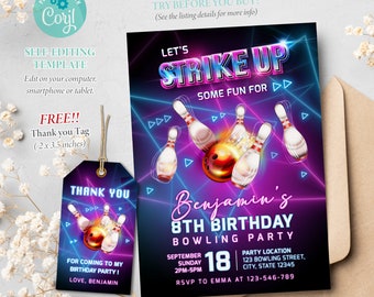 Bowling Birthday Invitation, Strike Up Invitation, Neon Bowling Invite, Bowling Glow Party, Editable Template, Corjl