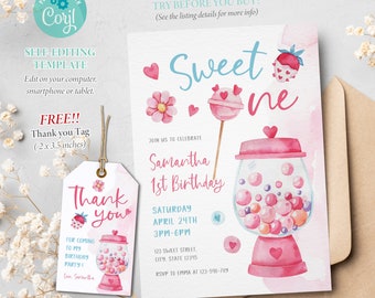 Sweet Birthday Invitation, Sweet Candy Party Invitation, Sweet One, Girls Party, Baby Shower, Strawberry Candy, Editable Template, Corjl